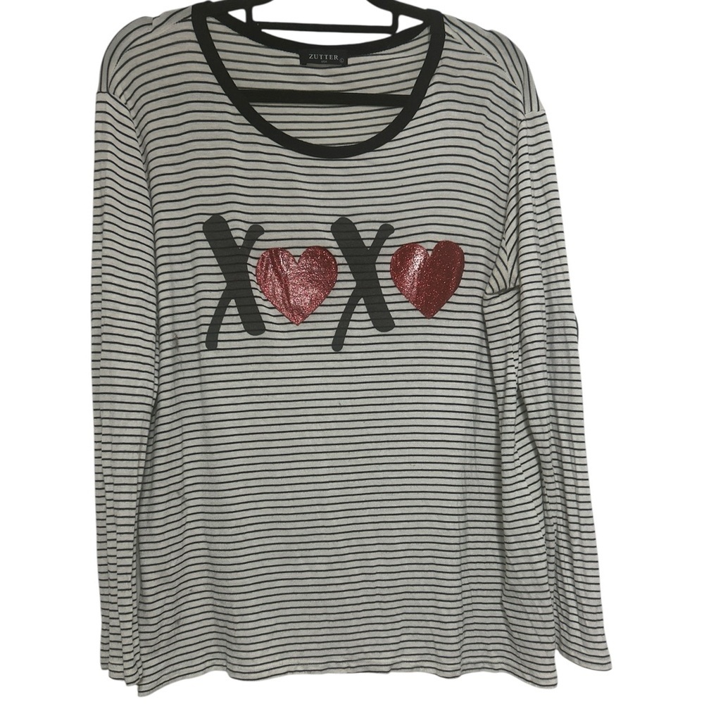 Zutter Women’s Black & White Striped with Metallic Hearts Long Sleeve Top Size L
